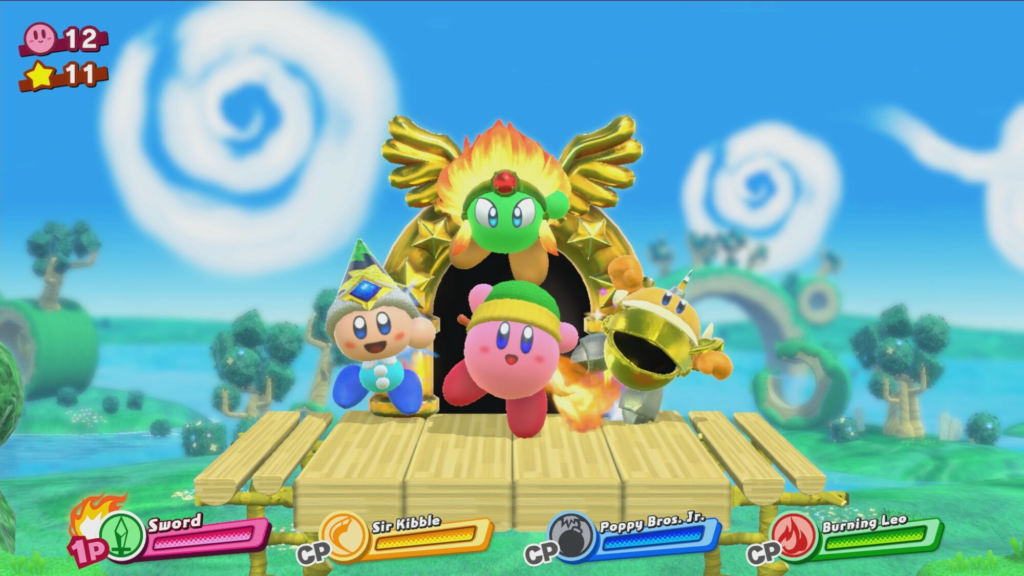 capture d'écran du jeu montrant le personnage principal Kirby avec 2 autres personnages sur une plateforme
