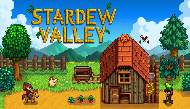 Image venant du jeu stardew valley représentant une maison avec des personnages sur un cheval et collectant du maìs