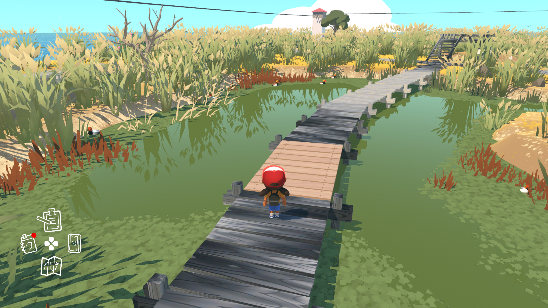 capture d'écran du jeu montrant un personnage marchant sur un chemin en bois au dessus d'une mare