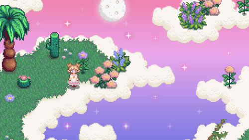 gif pixelisé et animé d'un jeu avec un personnage féminin sur un nuage entouré d'autres nuages, le fond est violet-rose.
